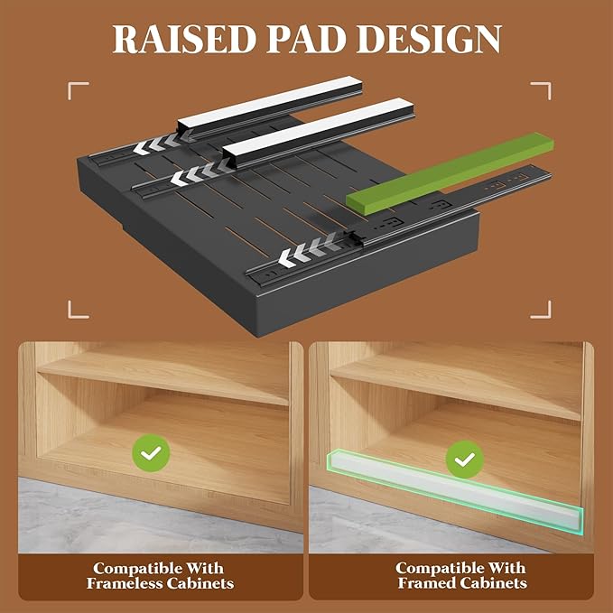 6 Pack Expandable Pull Out Cabinet Organizer 21"Deep With Raising Pad for Framed Cabinets,Upgrade 3 Slide Rails Slide Out Drawers,No Drill Roll Out Shelves,Adjustable Width 12.1"-20.4" Black