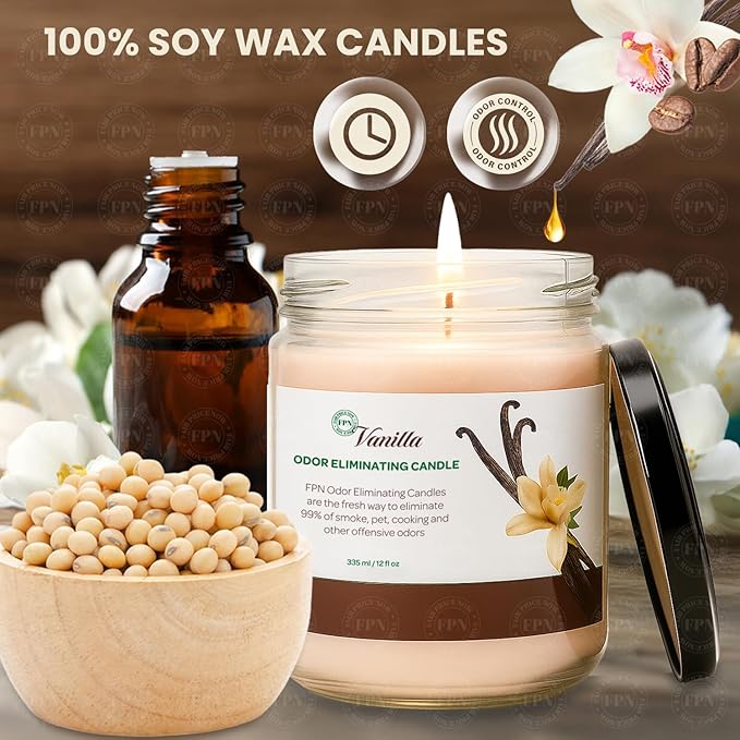FPN Candle Set Vanilla Odor Eliminating – 2 Pack - 12oz – Long-Lasting Soy Wax Candles – Neutralizes Pet, Kitchen & Smoke Odors – Clean Burn, Eco-Friendly, Aromatherapy Candle