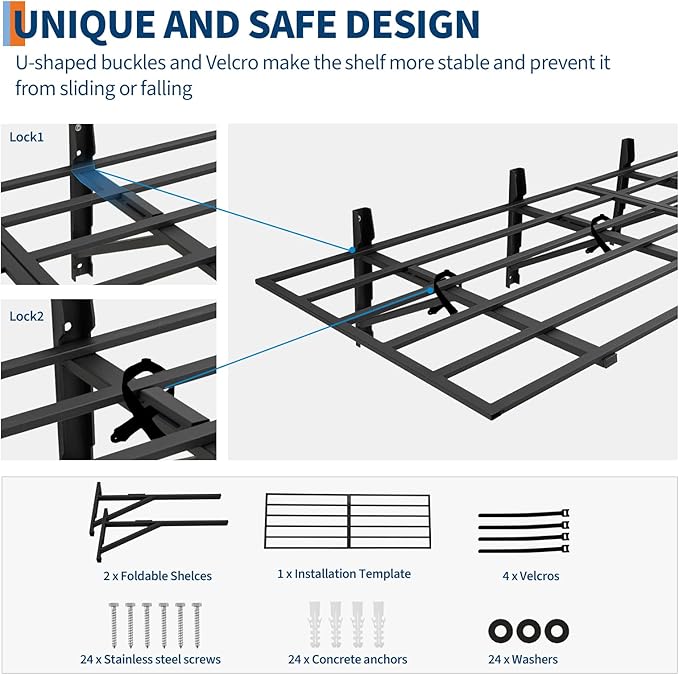 2 Pack 2x6 ft Garage Storage Shelving Wall Mounted, 1600 LBS Heavy Duty Storage Shelves, Folding Wall Shelve Garage Storage Rack Organization, Black Metal Storage Racks Units for Warehouse, Laundry