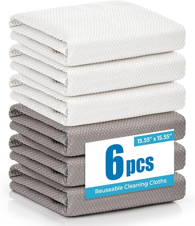 Microfiber Glass Cleaning Cloth 6 Pack - 15.5x15.5 Inch Lint Free Streak Free Microfiber Polishing Cloth for Windows and Mirrors, Fish Scale Nano Cleaning Cloth for Car Window Detailing