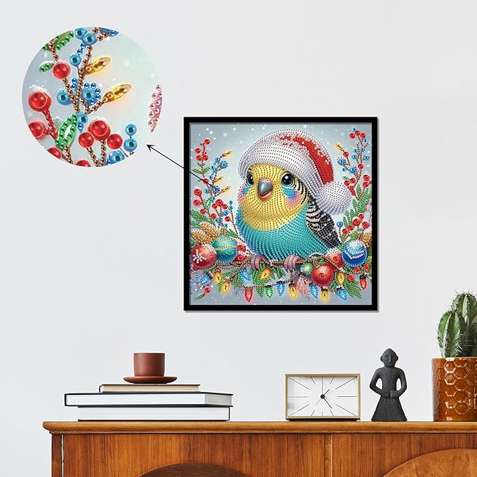 Antor Christmas Diamond Painting Bird on Decorated Branch, 5D DIY Special Shaped Diamond Art Kits for Adults Beginners, Crystal Rhinestones Holiday Winter Canvas, Christmas Home Wall Decor Crafts Gift