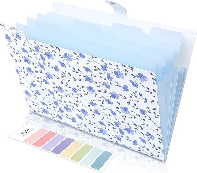 SKYDUE Expanding File Folder with 5 Pockets, Floral Accordion File Organizer for Important Document, Portable Receipt Paper Organizer, School Office Supplies,Blue