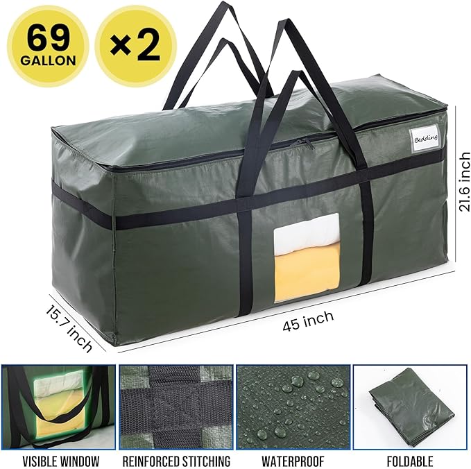 TAILI 69 Gallon Extra Large Storage Bags, XXL Green Heavy Duty Moving Bags For Storage with Visible Window, Wrap Around Handles, Totes for Space Saving, Alternative to Moving Boxes (2 Pack)