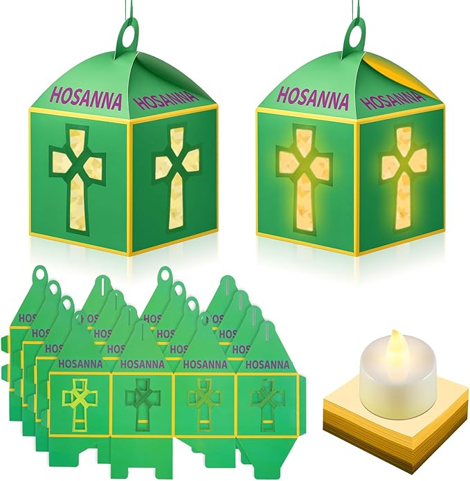 Simgoing 12 Sets Palm Sunday Crafts with LED Candles Easter Religious Palm Leaf Cross Tissue Paper Lanterns Craft Kits Sunday School Religious Holy Week Hanging for Easter Party Activities