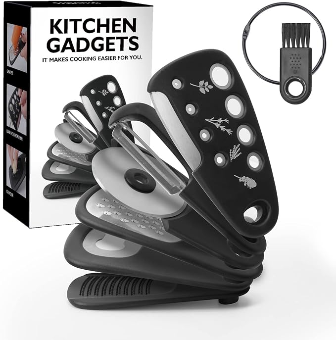 Kitchen Gadgets Set 6 Pieces, Space Saving Cooking Tools Kitchen Accessories-Garlic/Ginger Grinder, Cheese Grater, Vegetable/Fruit Peeler, Pizza Cutter, Herb Stripper, Bottle Opener, Gadgets Gift Set