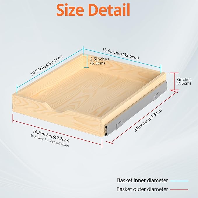 ZOINLIY 18''W X 21''D X 3''H Wooden Pull Out Drawer for Cabinet, Cabinet Organizer for Kitchen, Soft Close Slide Out Shelves, Heavy Duty, Fully Expandable