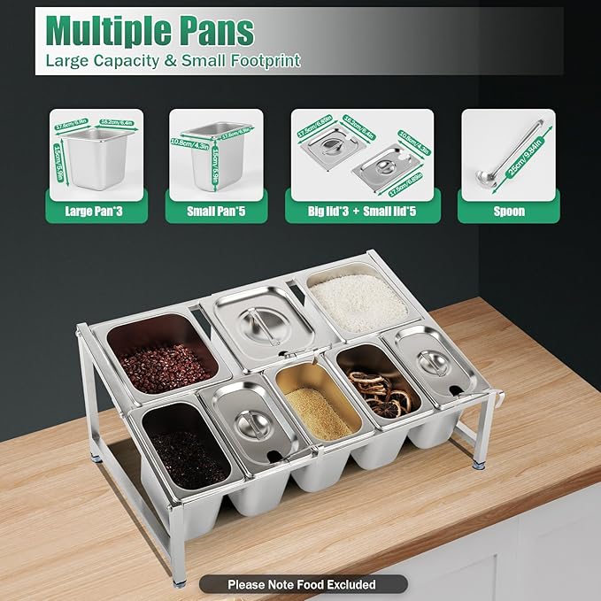 Expandable Spice Rack, Countertop Condiment Stand Holder with Pans and Lids,Stainless Steel Organizer Shelf for Seasonings Sauces Side Dishes Fruits Kitchen Pantry (5*1/9 Pans + 3*1/6 Pans)