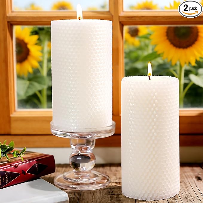 3x6 Inch White Beeswax Candles, 2 Packs, Handcrafted Rolled White Beeswax Pillar Candles, Natural Pure Bees Wax Candle Farm Gifts for Home Decor, Candle Lovers, Air Purify