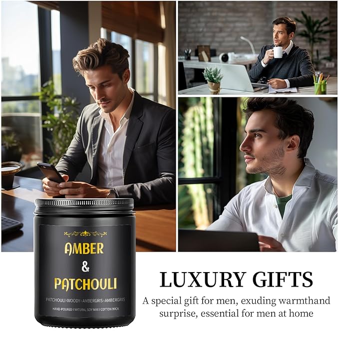Amber Patchouli Candle, 7 oz Scented Candle for Men, Soy Candles for Home Scented, Masculine Jar Candle for Him, 50 Hours Burning Time Mens Candle Gift for Boyfriend, Father, Birthday Present Giving