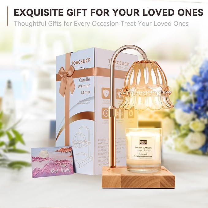 TOACSUCP Candle Warmer Lamp with 3 Bulbs, Adjustable Height Dimmable Candle Warmer with Timer, Compatible with Large Jar Candles, Flower Candle Warmer with Charming Gift Box Ribbon(Light Yellow)