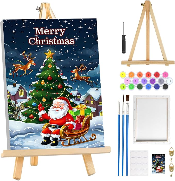 MOGTAA Christmas Paint by Numbers Kit for Adults Beginners with Frame, Santa Claus Adult Paint by Number Kits on Canvas with Easel, Easy DIY Winter Oil Painting Kits for Home Decor, 8x12in