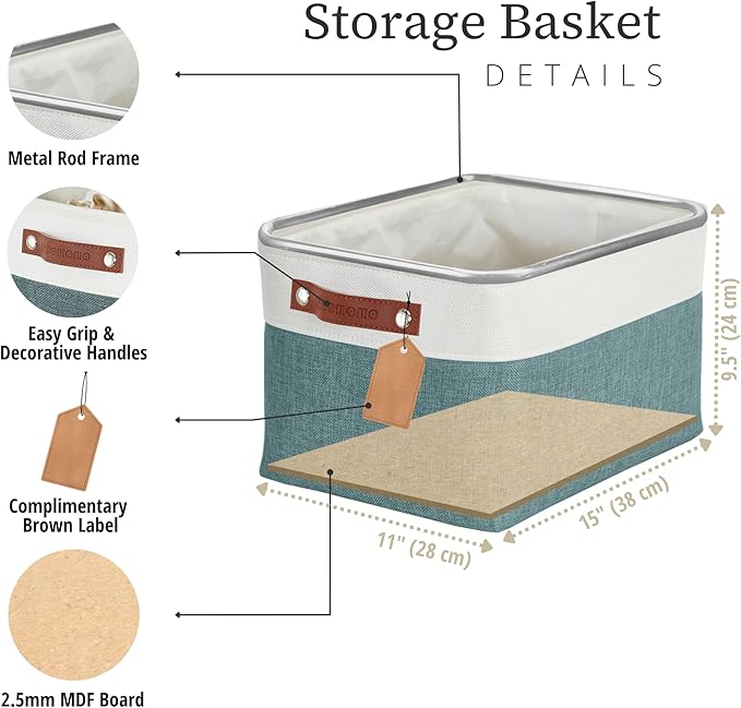 DECOMOMO Storage Baskets for Shelves - Fabric Storage Bins, Linen Closet Organizers and Storage (Green & White, Large - 3 Pack)