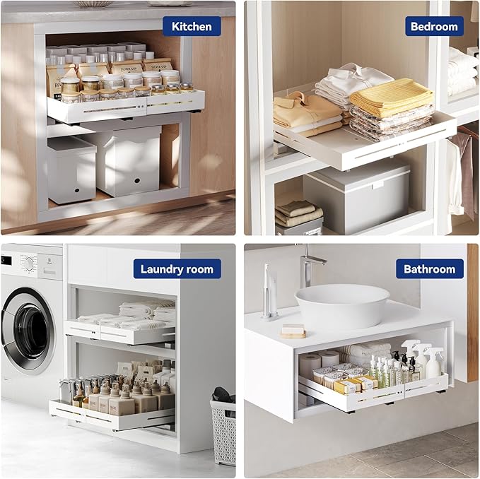 Pull Out Cabinet Organizer With Raising Pad for Framed Cabinets,Adjustable Depth(15.7"-24.4") And Width(12.8"-20.5"),Slide Out Drawers,No Drill Design,Heavy Duty Storing,White