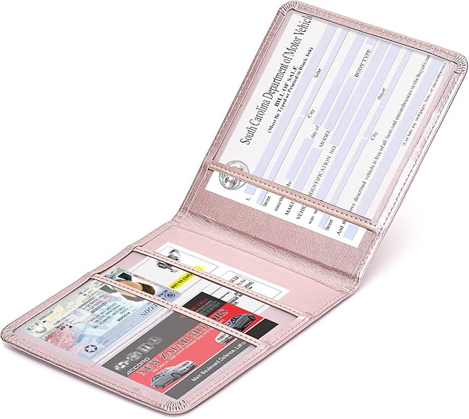 HerriaT Car Registration and Insurance Card Holder - Leather Vehicle Glove Box Automobile Documents Paperwork Wallet Case Organizer for ID, Driver's License, Key Contact Information Cards - Men&Women