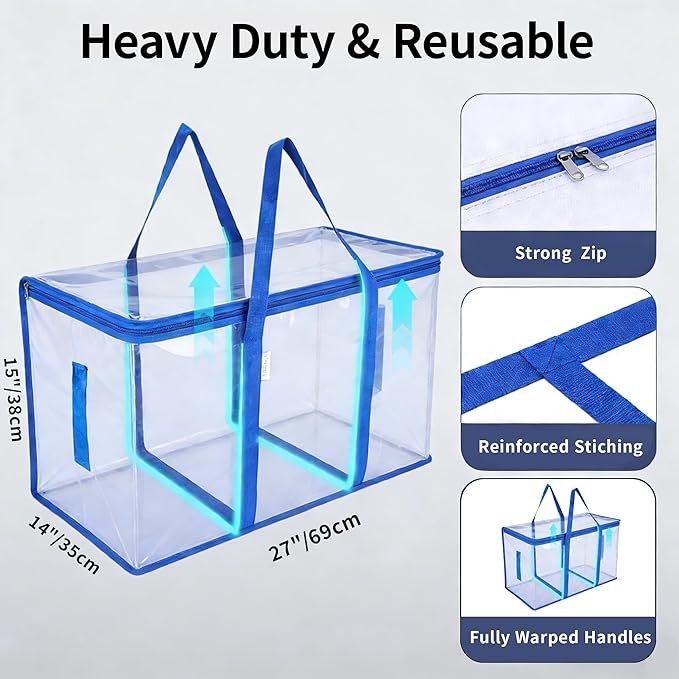 4PK Extra Large Heavy Duty Moving Bags, Blue Storage Moving Bags, Reinforced Handles & Heavy-Duty Zippers Moving Boxes, Storage Bags Totes for Clothes, College Supplies, Traveling.