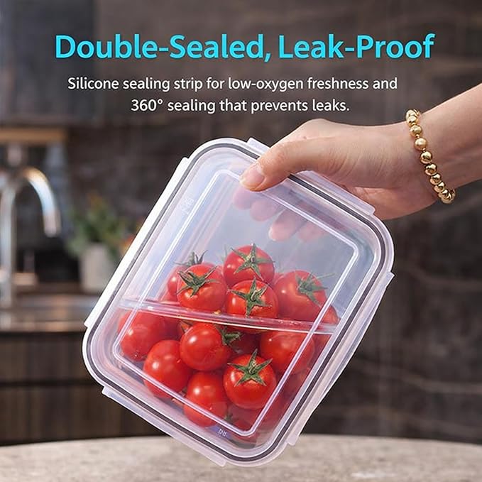 QUROXO 4 in 1 Food Storage Container-3 Piece Set, Household Transparent Plastic Food Storage Box with Lids, Food Fruit Storage Containers for Fridge with Drain Basket (Gray)