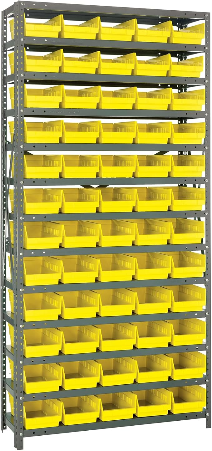 Quantum Storage Systems 1875-104YL Steel Shelving Unit with 4" Shelf Bins, 18" D x 36" W x 75" H, Yellow