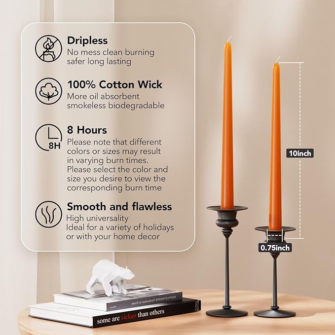 10-Inch Tall Dripless Taper Candles Set of 4 - Burnt Orange Tapered Candles, Perfect for Wedding,Dinner - Smokeless, Unscented, Long Burning - Hand Poured, Colored Tall Candlesticks