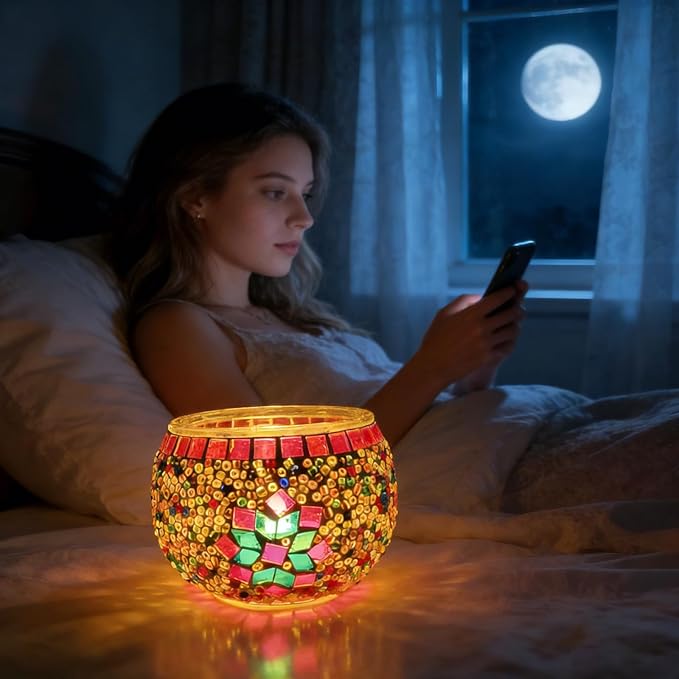 wpdash DIY Turkish Mosaic Candle Holder Set Simple Colorful Round Night Light for Nightstand Ornament Coffee Shop Date Decoration Student Handmade Craft Glass Decorative Tea Light