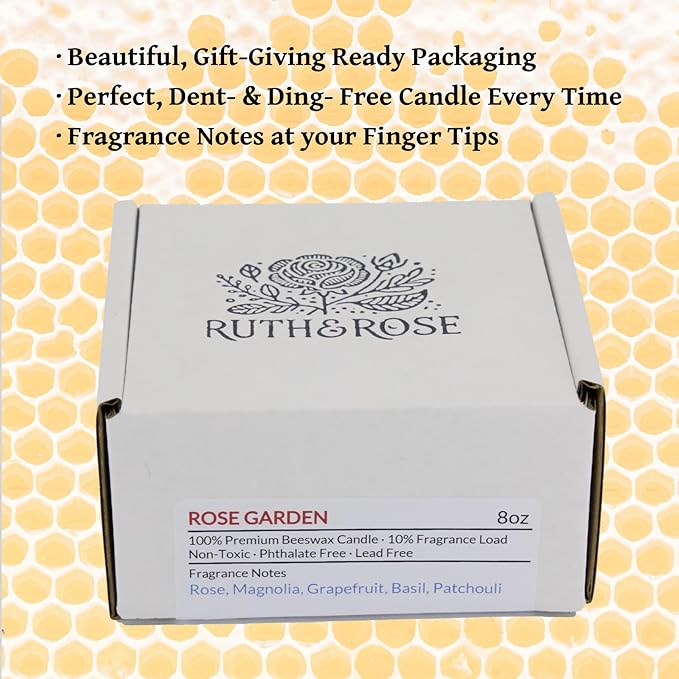 RUTH & ROSE | Rose Garden | 100% Beeswax Scented Candles for Home, 8oz, +65 Hours Burn Time, Aromatherapy Non Toxic Candles, Gift for Women & Men, Made in USA, Perfect for Travel or Gifting