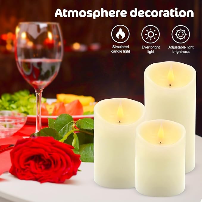 ALED LIGHT Real Wax Rechargeable Candles Flickering Realistic,Warm White Flameless Candles Rechargeable with Remote for Home Decor Idea Gift，Pack 3(D 3”X H 4”5”6”)