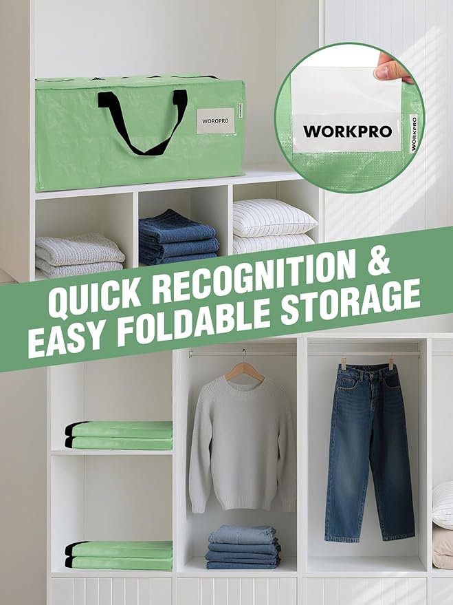 WORKPRO 1 Pack Extra Large Moving Bags with Zippers & Carrying Handles Backpack Straps, Heavy-Duty Storage Tote for Space Saving & Storage, Alternative to Moving Box (Green)