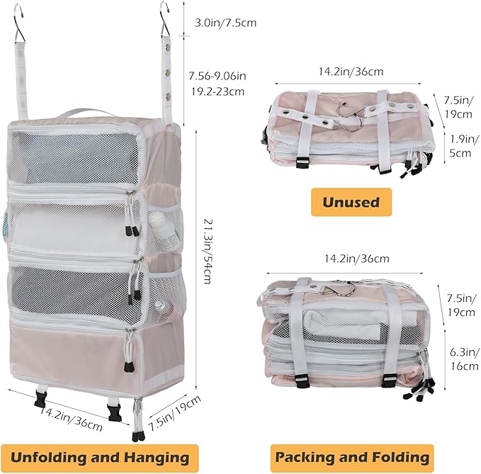 TABITORA Travel Luggage Organizer Hanging Packing Cubes Portable Hanging Shelves Carry on Closet for Suitcase with 2 Hooks,Collapsible(Pink,M)