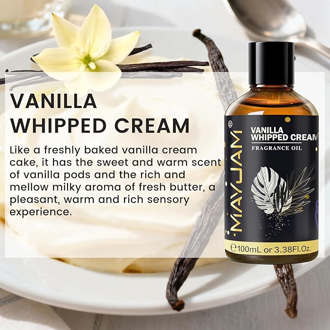 Vanilla Whipped Cream Fragrance Oil Essential Oil, MAYJAM 3.38FL.OZ Vanilla Whipped Cream Oil for Diffusers for Home, Long Lasting Scented Oils for Soap Candle Making - 100ML