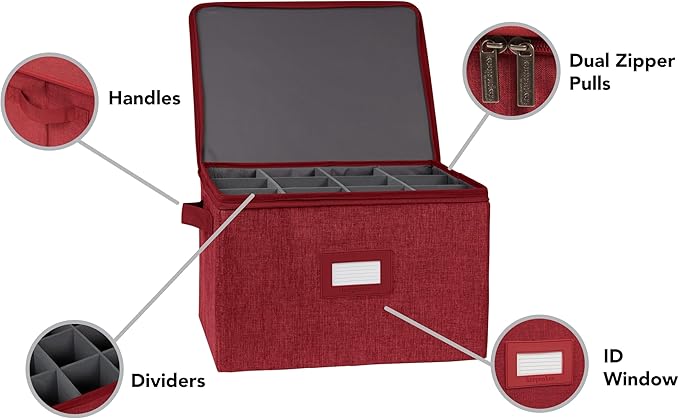 Covermates Cup and Mug Storage Box with Dividers, Stackable Organizer for Coffee Mugs & China Cups, Heavy-Duty Polyester with Handles, Zipper Closure & ID Window, Red Heather
