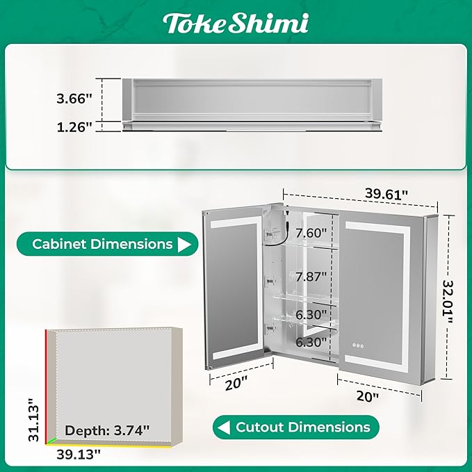 TokeShimi 40x32 Led Medicine Cabinet Mirror for Bathroom with Outlet, Medicine Cabinet with Lights 3 Colors Dimmable and Defogger, Surface or Recessed Mount Mirror with Storage Modern Bathroom