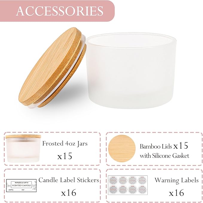 CONNOO 15 Pack 4 OZ Frosted Glass Candle Jars with Airtight Bamboo Lids for Making Candles, Bulk Small Wide Mouth Empty Candle Containers with Sticky Warning Labels - Dishwasher Safe