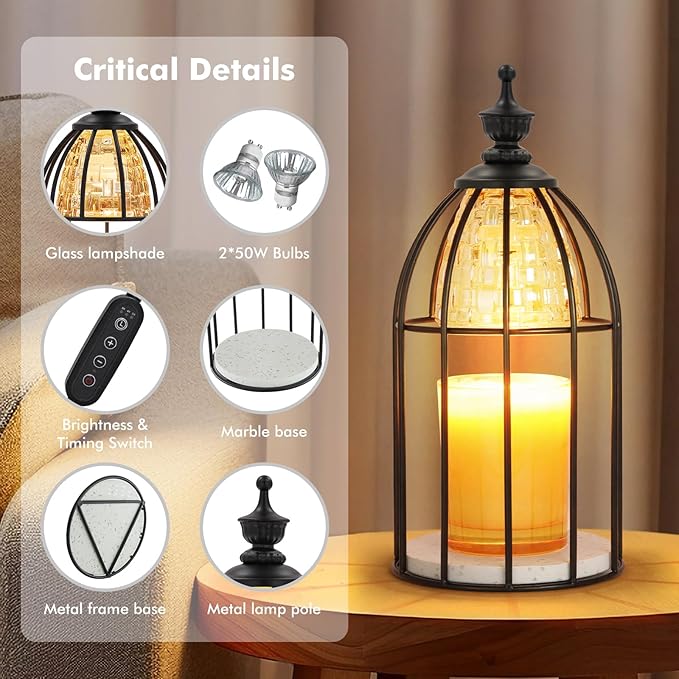 Candle Warmer Lamp with Timer & Dimmer - Vintage Electric Wax Melter for Scented Jar Candles, Aroma Night Light and Home Decor Gift for Women, Housewarming, Birthday, Christmas