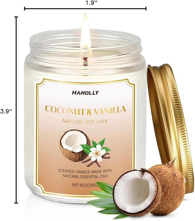 Coconut Vanilla Candle, 9 oz Scented Candles for Home Soy Candle Wax, Long Lasting Aromatherapy Candle Gift for Women Men, Birthday Christmas Gifts, Perfect for Creating a Warm Ambiance