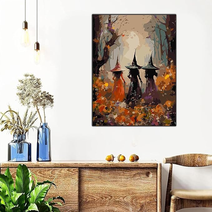 Meothan Framed Paint by Numbers Kits for Adults, Halloween Paint by Number for Adults Beginners, Paint by Numbers Kits on Canvas with Framed and Easel for Home Wall Decor 11.8x15.7inch (Witch)