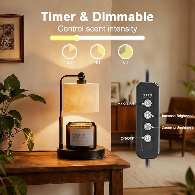 Candle Warmer lamp for 3 Wick Candles, Large Candle Warmer Lamp with Timer, Dimmable, Adjustable Height, Modern Farmhouse Linen Shade, Black Candle Warming Lamp, 2 Bulbs Included