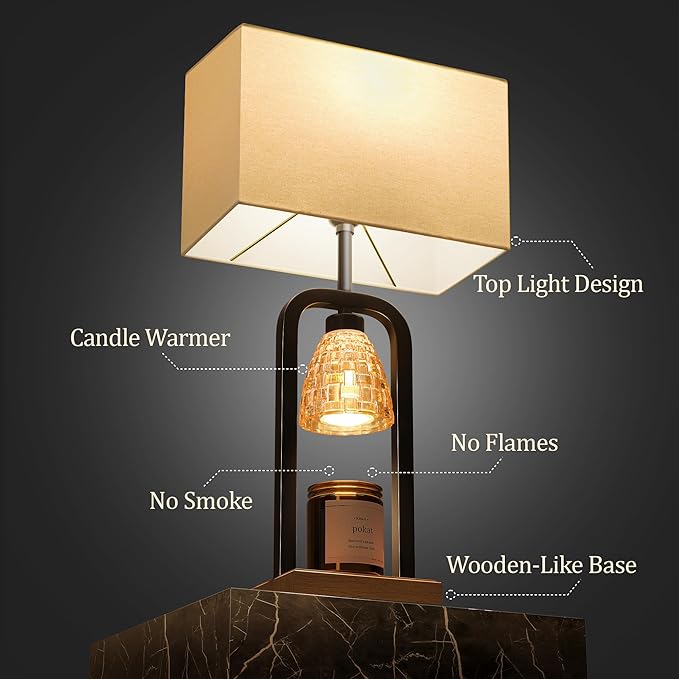 PoKat Electric Candle Warmer Lamp Black, Candle Lamp Warmer with Timer Dimmer & Wood-Like Base, Wax Light Warmer Lamp Jar Candles, Farmhouse Table Lamp for House Warming New Home Decor, Bulb Included