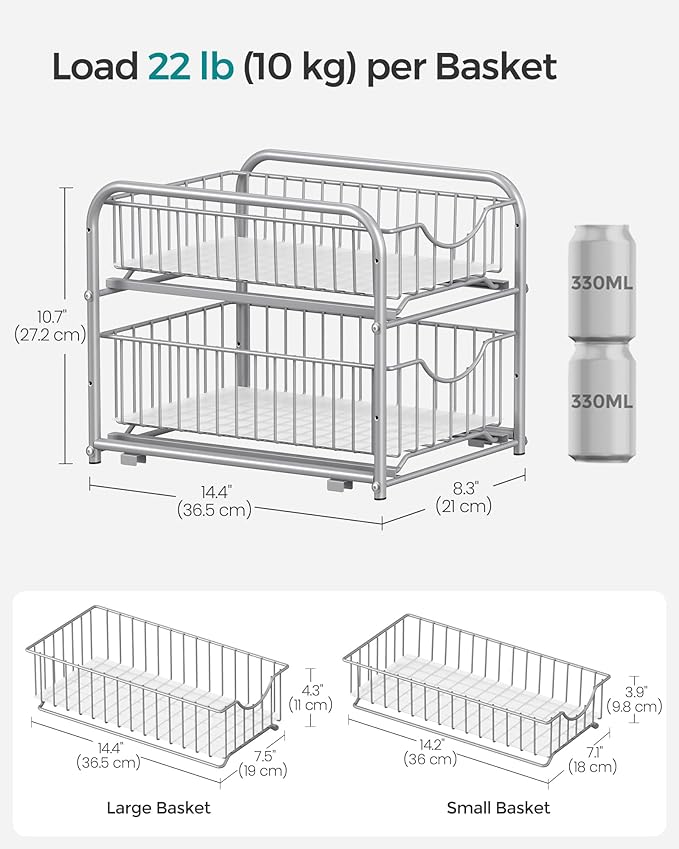 SONGMICS 2-Tier Pull Out Cabinet Organizers, Under Sink Organizer, Bathroom Organizer and Storage, Sliding Basket Drawers, Stackable for Kitchen, Bathroom, Metallic Silver UKCS017E01