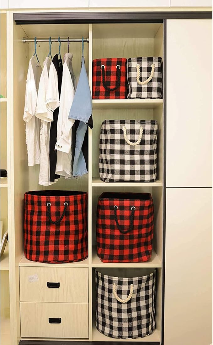 Round Collapsible Storage Organizer Bins Buffalo Checked Baskets with Woolen Fabric Kid's Pet's Toys and Accessory Storage Bins for Home Decor, White Black Grid, M