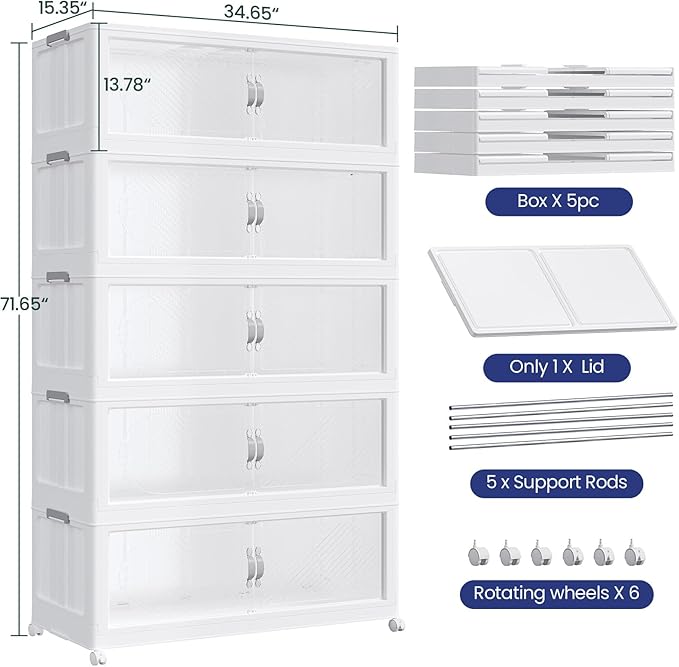 300GAL Plastic Storage Bins with Lid, 1200QT Extra Large Stackable Closet Organizers and Storage, Collapsible Storage Boxes with Wheels, Folding Cabinet for Home Kitchen Office, 5Pack White