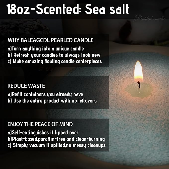 Saltwind Still Pearled Candle – 18 Oz Sea Salt Scented Sand Candles with 30 Wicks | Refillable Light Blue Wax Long-Lasting Powder 120 Hours Clean Burning for DIY