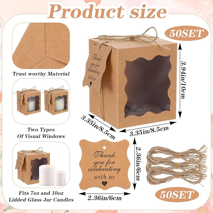 Lemecima 50 Set Candle Gift Box Transparent Gift Packaging Box for 4-10 oz Candles 50 Paper Thank You Tag with Ropes for Wedding Birthday Baby Shower Party Favor, 3.35 x 3.35 x 3.94 in (Brown)