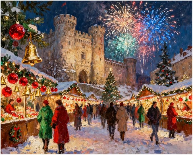 EnLvYY Christmas Market Paint by Numbers Adult 16x20 Inch, DIY Acrylic Painting Kit for Beginners, Castle Fireworks Holiday Night Scene Wall Art Home Decoration, Gift for Family and Friends, Unframed