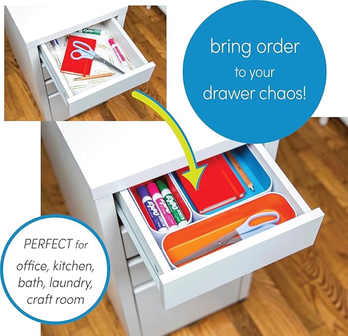 Three by Three Seattle 5 Piece Metal Organizer Tray Set for Storing Makeup, Stationery, Utensils, and More in Office Desk, Kitchen and Bathroom Drawers (2 Inch, Blue Berry and Stripes)