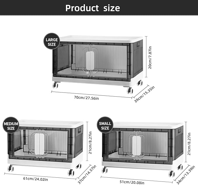 Folding Storage Organizer with Silent casters | Stackable Design for Home & Office, Heavy-Duty Plastic Storage Bin with Clear Door, 3 Sizes (19.5/23.5/27.5in),Black/White (23.6" 3 layer, White)