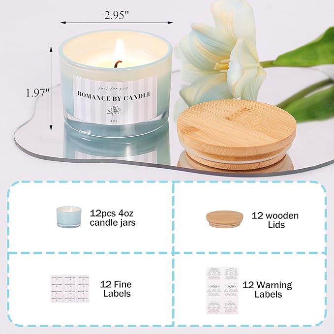 REISEN 12 PCS Blue Candle Jars for Making Candles, 4 OZ Glass Jars with Bamboo Lids and Sticky Warning Labels, Candle Containers for DIY Gifts, Candle Making Supplies