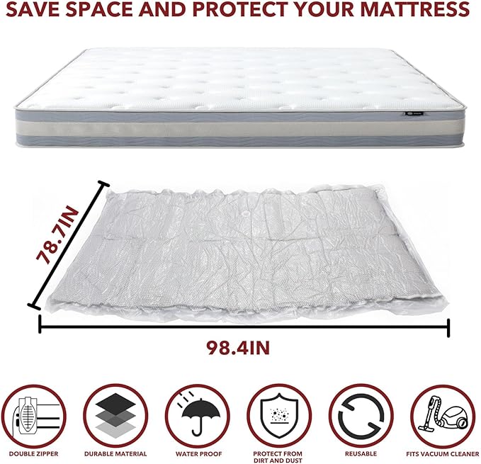 Queen/Full/Full-XL Mattress Vacuum Bag for Moving and Storage, Vacuum Seal Compression Bag for Queen and Full Size Mattresses, Heavy Duty Mattress Bag for Storage, with Sealing Clip and 5 Straps