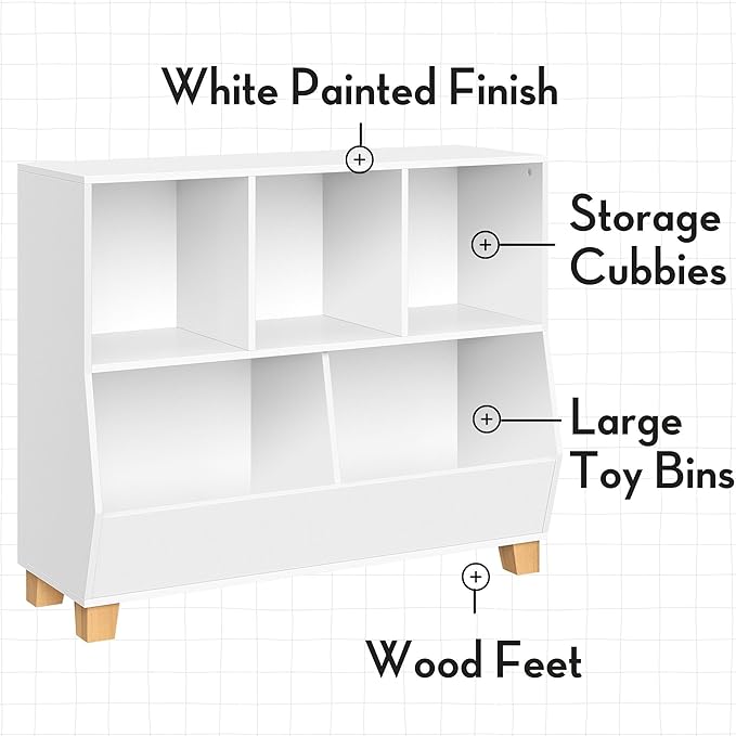 RiverRidge Catch-All Kids 35 Inch Wide Toy Organizer with 3 Cubbies and 2 Storage Bins - Pure White