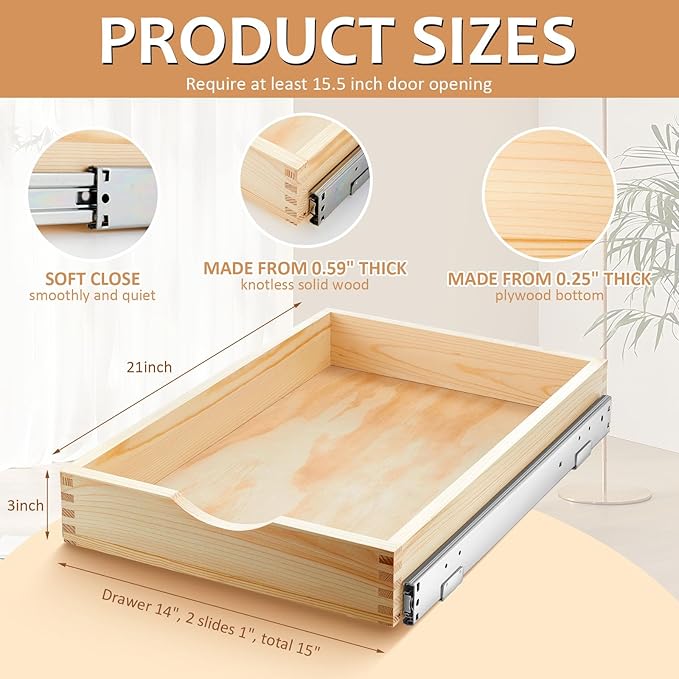 Menkxi 2 Set Wooden Pull out Cabinet Organizer Fully Assembled Slide out Pantry Drawer with Gentle Close Storage Shelf Tray for Base Kitchen Under Sink Bathroom Accessory(Wood Color,15'' X 21'' X 3'')