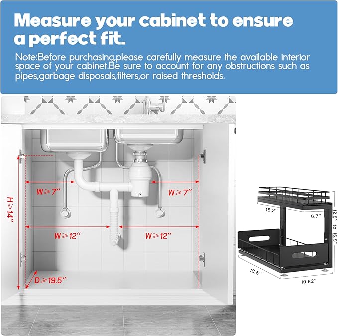 Under Sink Organizer Upgrade To Professional Rails,2-Tier Dual Pull Out Cabinet Storage,Height Adjustable Slide Out Drawers For Bathroom Kitchen,1 Pack-18.5"Dx12.8"-16.9"H,Black