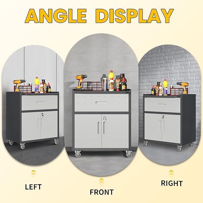 Garage Storage Cabinets with Wheels, Locking Metal Storage Cabinets with 2 Doors and 1 Drawer, Easy Assembly Tool Cabinet for Garage, Basement,Warehouse